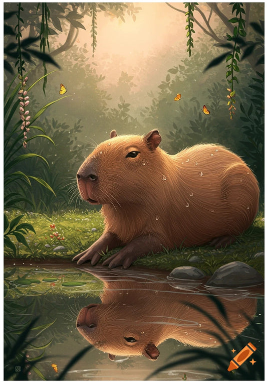Capybara resting by a pond reflection