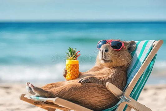 Capybara relaxing on a beach chair with pineapple drink