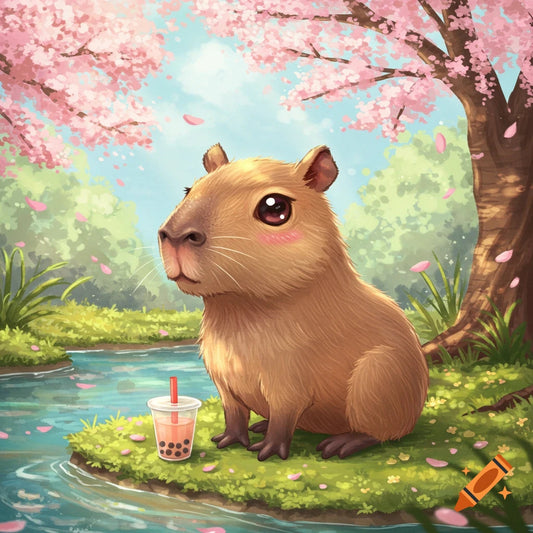 Dreamy Capybara under cherry blossoms with boba